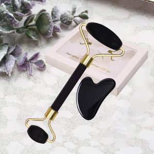 Zureni Black Obsidian Jade Facial Roller & Gua Sha Set 100% Natural Source from Highest Altitude of Himalayan Two-Sided Face Neck Massager Stone Beauty Tool (1 Pc, Shade May Vary)