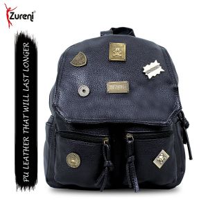 PU Leather Waterproof Casual Women Backpack with Two Side Pockets (Black)