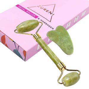 Zureni Natural Jade Face Massager Roller & Gua Sha Scraping Himalayan Stone Facial Massage Beauty Tool 
